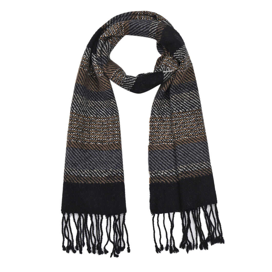250202  WAMSOFT 100%Wool Scarf, Cold weather Scarf for Men,Black grey brown blue stripe