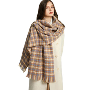 3991-02 SknSoft Women's Scarf Warm Plaid Long Large Scarf, Cold Winter Wraps,Shawls ,Camel & Granada Sky