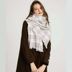 1191302 WAMSOFT Ladies cashmere scarf ,  100% Cashmere Winter Scarf, Women Soft Warm Scarf,Plaid,Pashmina Scottish Tartan scarf Grey White Gift