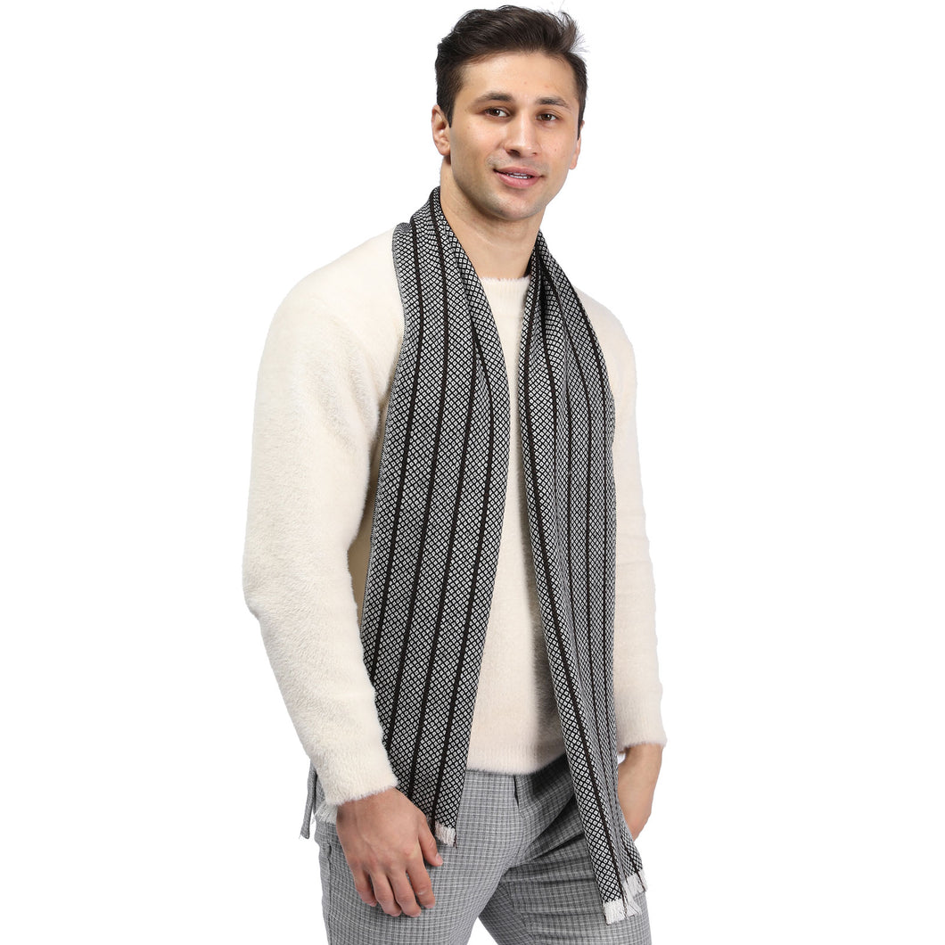 171902  WAMSOFT 100% Pure Wool Scarf, White Grey Long Ultra Soft Striped Scarf Winter Jacquard Scarves for Men