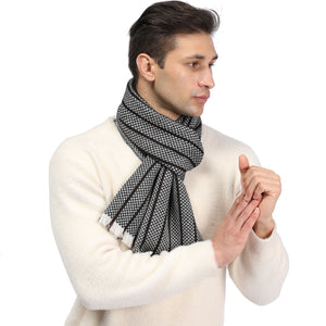 171902  WAMSOFT 100% Pure Wool Scarf, White Grey Long Ultra Soft Striped Scarf Winter Jacquard Scarves for Men