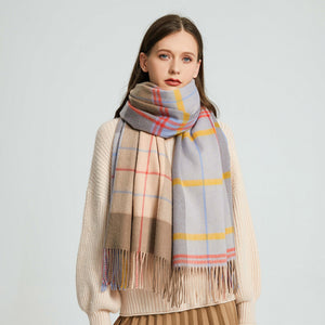 2217-03 WAMSOFT 100% Wool Scarf,Long Plaid Blanket, blue & brown