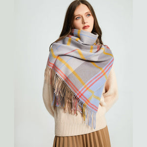 2217-03 WAMSOFT 100% Wool Scarf,Long Plaid Blanket, blue & brown