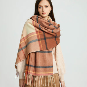 2217-04 WAMSOFT 100% Wool Scarf,Long Plaid Blanket, Brown&Beige&Blackline