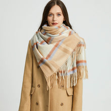 Load image into Gallery viewer, 2265-02 WAMSOFT 100% Wool Scarf,Long Plaid Chunky Scarf，beige&amp;blue line
