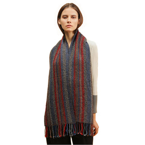 3982-04 WAMSOFT 100% Pure Wool Scarf, Long Ultra Soft Red Blue grey Striped Scarf Winter Scarves for women men